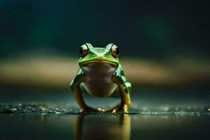 a frog is standing on the ground with its eyes closed. AI-Generated photo