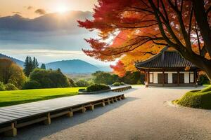 a japanese garden with a wooden walkway and a tree in the background. AI-Generated photo