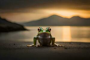 a frog sitting on the beach at sunset. AI-Generated photo