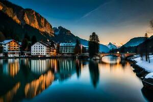 foto fondo de pantalla el cielo, montañas, agua, lago, casa, casa, el cielo, montañas. generado por ai