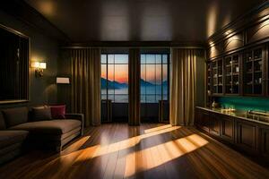 a living room with a view of the lake at sunset. AI-Generated photo