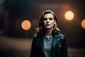 a woman in a leather jacket standing in front of a dark street. AI-Generated photo