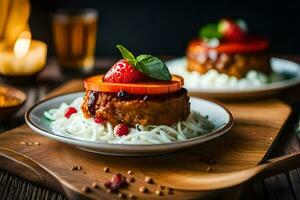 two plates with food on them and a candle. AI-Generated photo