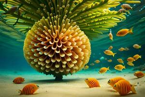 a large orange flower with many fish swimming around it. AI-Generated photo