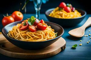 spaghetti with tomatoes and basil on a wooden table. AI-Generated photo