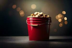 a red bucket filled with coins on a dark table. AI-Generated photo