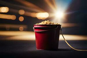 a bucket of popcorn on a table with a light shining on it. AI-Generated photo
