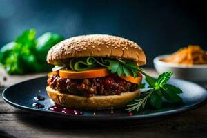 a hamburger with vegetables and sauce on a black plate. AI-Generated photo
