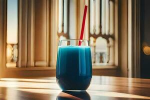 blue drink in a glass with a red straw. AI-Generated photo