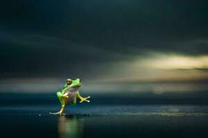 a frog standing on a wet surface with a dark sky in the background. AI-Generated photo