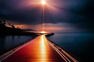 a long wooden pier leads to the ocean at sunset. AI-Generated photo