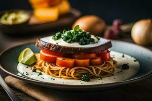 a plate with spaghetti and meat on it. AI-Generated photo