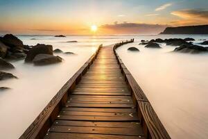 a wooden boardwalk leads to the ocean at sunset. AI-Generated photo