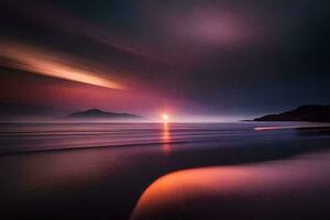 a long exposure photograph of the sun setting over the ocean. AI-Generated photo
