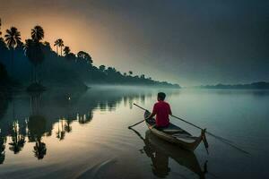 a man in a boat on a river at sunrise. AI-Generated photo