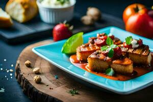 a plate of food with tofu and sauce. AI-Generated photo