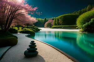 a pond and a stone wall with a cherry tree. AI-Generated photo