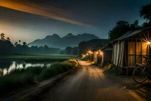 a bicycle is parked next to a hut on a dirt road. AI-Generated photo