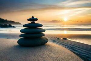 a stack of stones on the beach at sunset. AI-Generated photo