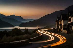 a long exposure photograph of a road with light trails. AI-Generated photo