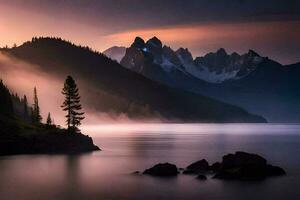 un lago y montañas a puesta de sol. generado por ai foto