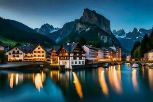 photo wallpaper the sky, mountains, water, mountains, lake, town, lake, mountains,. AI-Generated