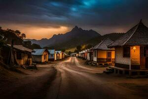 a dirt road in front of a village with houses and mountains in the background. AI-Generated photo