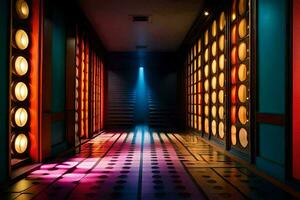 a hallway with colorful lights and a door. AI-Generated photo