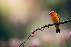 a small orange bird sits on a branch with pink flowers. AI-Generated photo