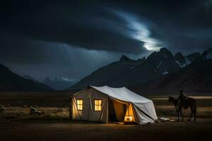 a man and his horse stand in front of a tent in the middle of the night. AI-Generated photo