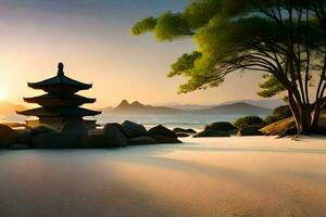 a pagoda sits on the beach at sunset. AI-Generated photo