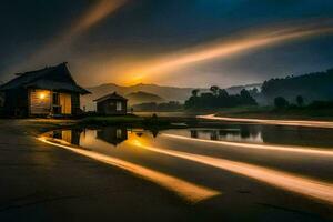 photo wallpaper the sky, water, the sun, the mountains, the river, the house,. AI-Generated