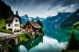 the house is surrounded by mountains and water. AI-Generated photo