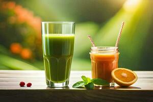 two glasses of juice with oranges and berries. AI-Generated photo