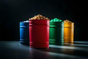 three colorful cans of popcorn on a dark background. AI-Generated photo