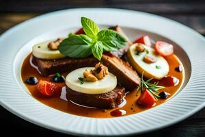 un plato de comida con carne, queso y vegetales. generado por ai foto