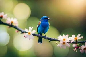 un azul pájaro es encaramado en un rama con flores generado por ai foto