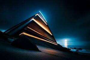 a pyramid shaped building is lit up at night. AI-Generated photo