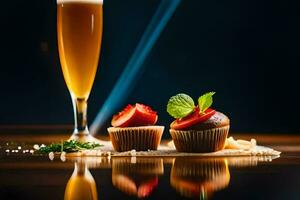 a glass of beer and cupcakes on a table. AI-Generated photo