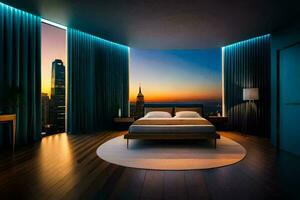 a bedroom with a view of the city at sunset. AI-Generated photo