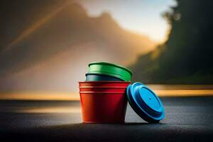 two colorful plastic cups sit on the ground next to each other. AI-Generated photo