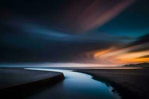 a long exposure photograph of a river flowing into the ocean. AI-Generated photo