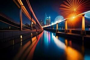 fireworks are lit up in the sky over a bridge. AI-Generated photo