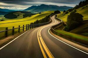 un largo la carretera con un curva en el medio. generado por ai foto