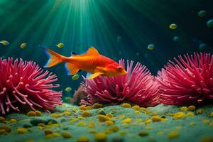 a fish swimming in an underwater sea with anemones. AI-Generated photo