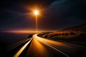 un largo exposición fotografía de un la carretera a noche. generado por ai foto