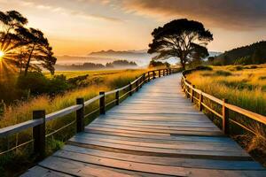 wooden walkway leading to the sunset in a field. AI-Generated photo