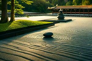 un zen jardín con un Roca en el medio. generado por ai foto