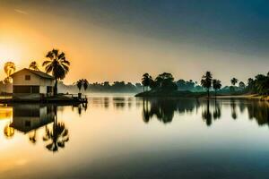 a house on the water with palm trees in the background. AI-Generated photo