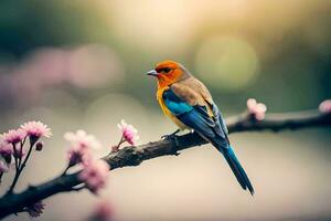 a colorful bird sits on a branch with pink flowers. AI-Generated photo